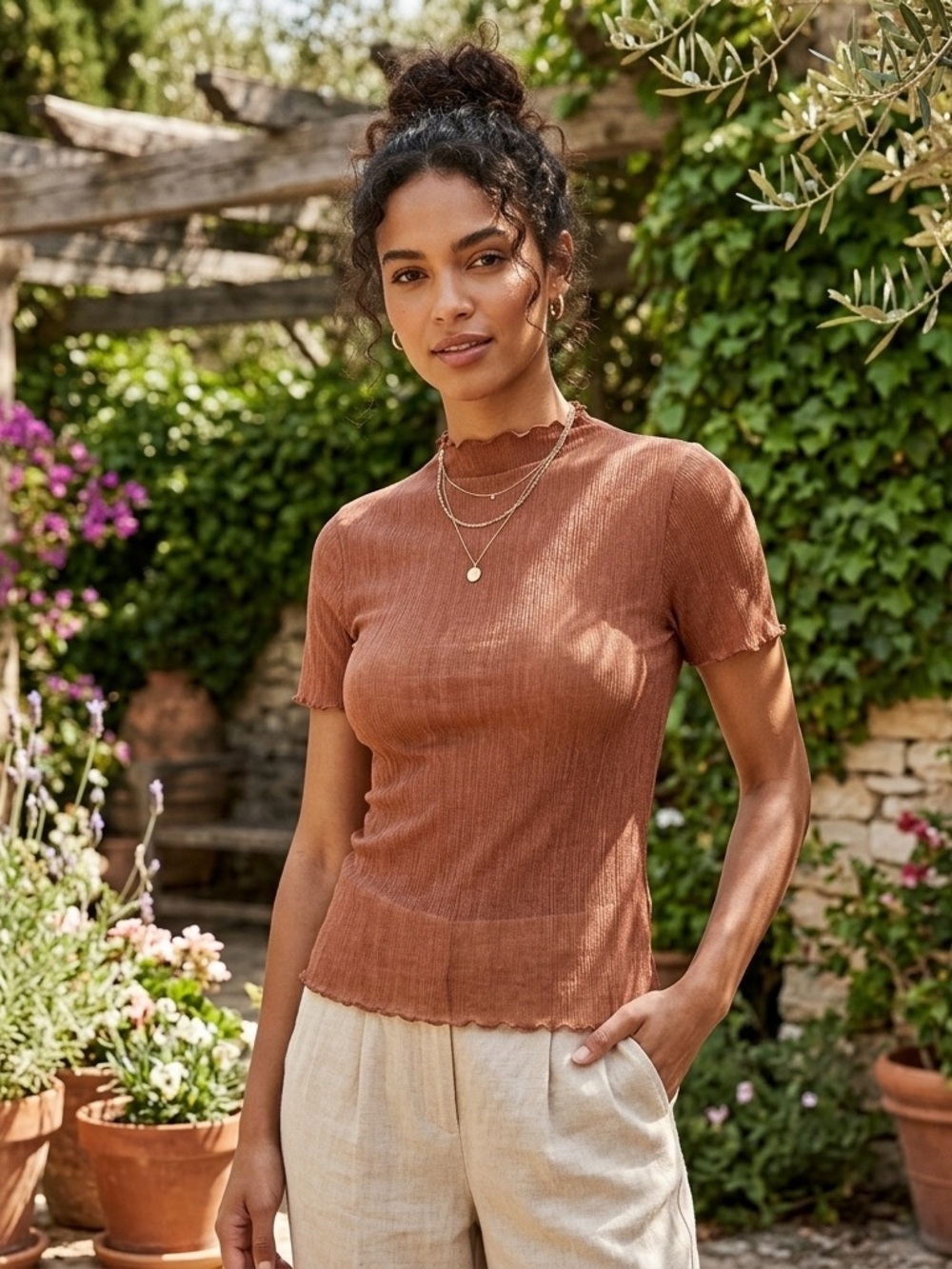 NWOT Project Social T Sz L Lettuce Edge Textured Sheer Mesh Brown Quiet Lux Top
